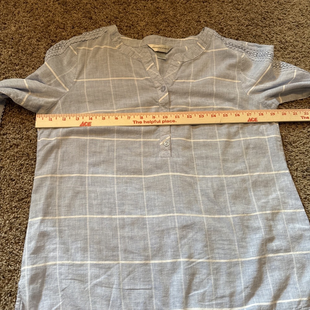 Christopher & Banks Blue Windowpane Plaid Crochet Lace Pom Pom Blouse Small - Picture 6 of 7